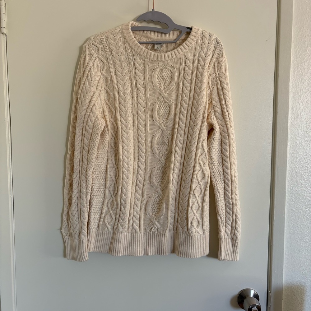 L.L Bean Cream Cable Knit Sweater Women’s Size L 100% Organic Cotton Fisherman